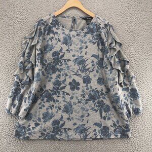 Ali Miles Top Womens Small Blue Floral Ruffle 3/4 Balloon Sleeves Knit Stretch